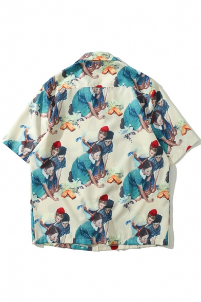 Men Unique Shirt All over Figure Print Button up Notch Collar Short Sleeves Fitted Shirt