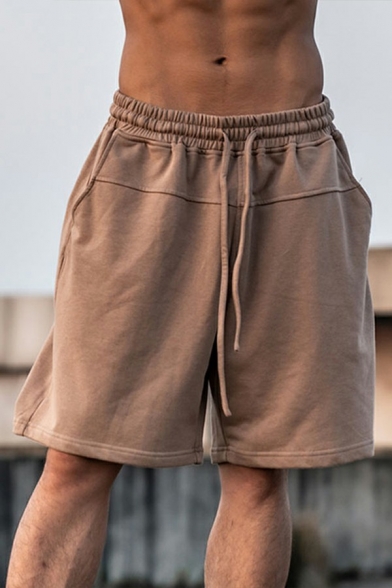 Mens Basic Shorts Pure Color Drawcord Waist Knee Length Relaxed Shorts