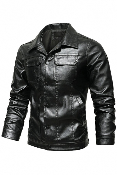 Mens Urban Leather Jacket Plain Chest Pocket Turn Down Collar Long Sleeves Button-up Slim Leather Jacket