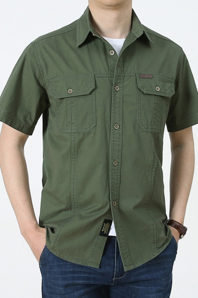 Modern Man's Shirt Plain Button-down Flap Front Pockets Short-sleeved Lapel Regular Shirt