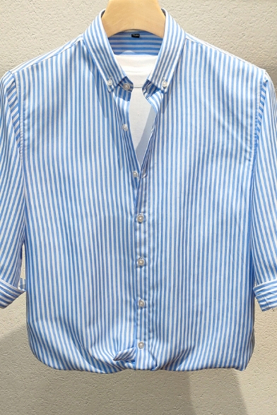 Modern Shirt Pinstripe Pattern Button up Button-down Collar Half-sleeved Slim Fitted Shirt for Men