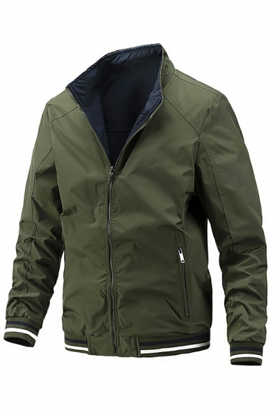 Popular Jacket Pure Color Stripe Ribbed Trim Zip-Fly Stand Collar Long Sleeves Fitted Jacket for Men