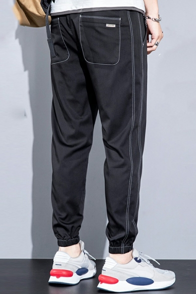 Popular Pants Top-stitching Detail Pure Color Mid Rise Elastic Waist Fitted Cargo Pants for Men