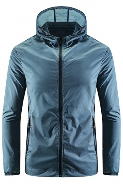 Sporty Jacket Plain Long Sleeve Zip-Fly Waterproof Zipper Pockets Slim Hooded Windbreaker Jacket for Men