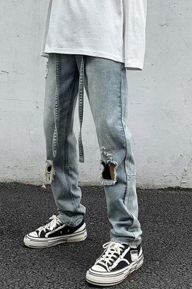 Street Style Jeans Solid Color Shredded Zip-Fly Stretch Denim Two-Pocket Styling Regular Fit Jeans for Men
