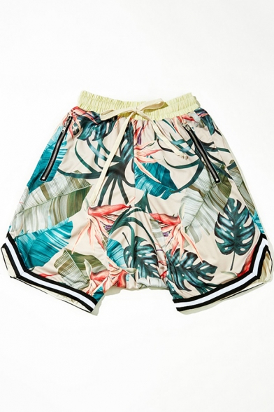 Stylish Beach Shorts Leaf Patterned Drawstring Waist Loose Fitted Shorts for Men