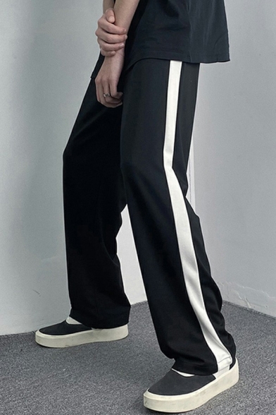Stylish Drawstring Sport Pants Plain Mid Rise Pocket Detail Long Loose Straight Trousers for Men