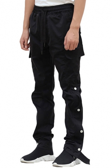 Stylish Lounge Pants Plain Drawstring Waist Button-down Side Seam Full Length Loose Pants for Men