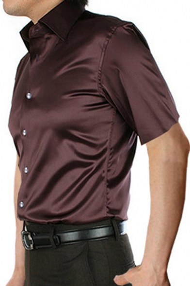 Trendy Men's Shirt Satin Solid Color Short Sleeves Point Collar Button-down Fitted Shirt Top