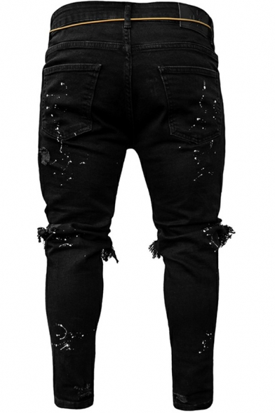 Trendy Mens Jeans Dark Wash Splatter Print Ripped Zipper Fly Broken Hole Long Slim Fitted Jeans