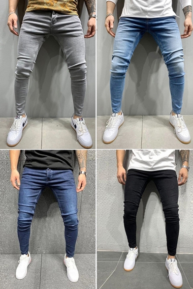 Urban Men Jeans Pure Color Distressed Zip Closure Stretch Denim Two-Pocket Styling Slim Fitted Jeans