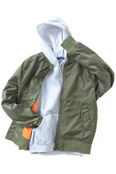 Vintage Jacket Pure Color Stand Collar Front Pockets Long Sleeve Zip-Fly Loose Baseball Jacket for Men