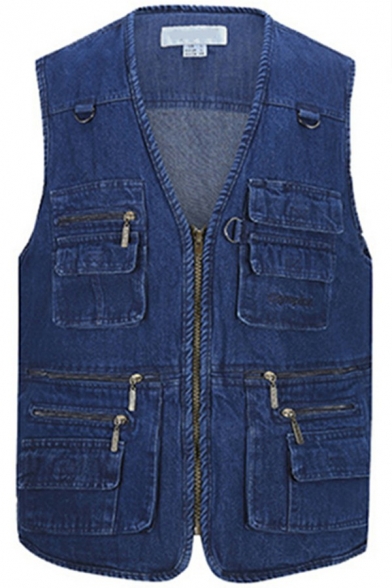 Vintage Plain Men's Vest Zip Closure V Neck Multi Pockets Slim Fit Denim Vest