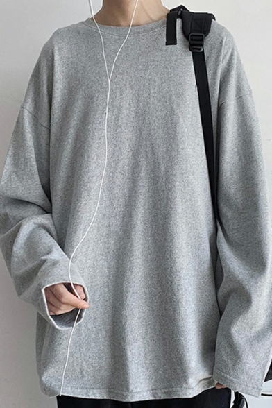 Basic Sweatshirt Plain Long Sleeve Round Neck Loose Fit Pullover Sweatshirt Top for Guys