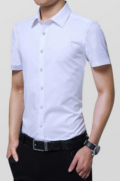 Business Men's Shirt Solid Color Short Sleeves Turn down Collar Button-up Fitted Shirt