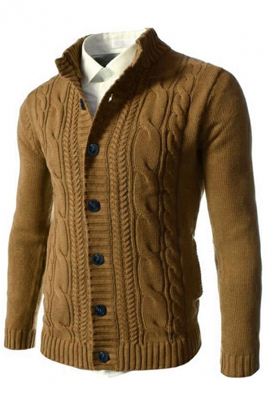 Casual Men's Knitwear Solid Color Single-Breasted Long-Sleeved Stand Collar Slim-Fitted Sweater