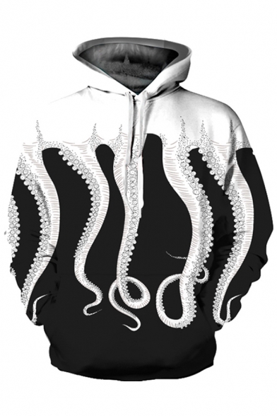 Casual Mens Hoodie 3D Octopus Printed Front Pocket Long Sleeves Drawstring Relaxed Hoodie