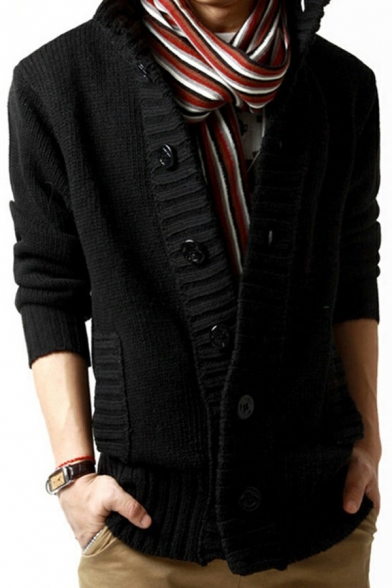 Chic Cardigan Solid Color Stand Collar Button Closure Pocket Detailed Rib Cuffs Long Sleeve Regular Fit Cardigan for Guys