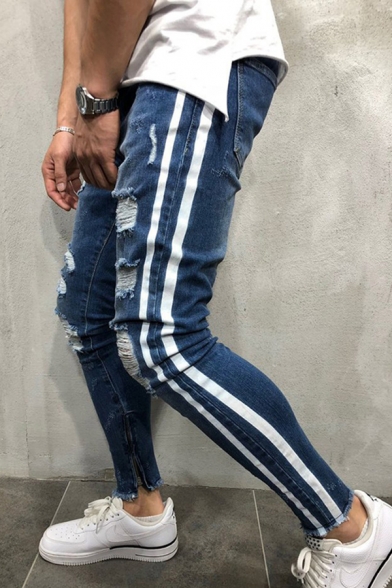 Chic Men's Jeans Striped Patterned Ripped Bleach Mid Rise Ankle Length Slim Fitted Jeans