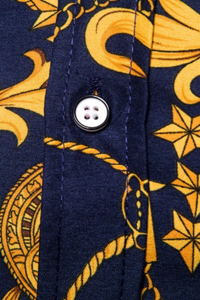 Chic Men's Shirt Chain Pattern Long-Sleeved Turn-down Collar Button-up Slim Shirt Top