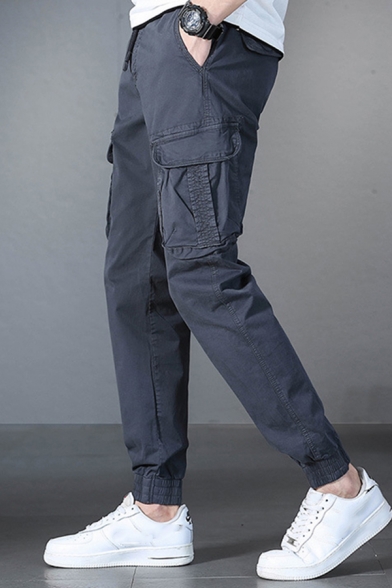 Chic Mens Pants Flap Pocket Ankle Length Drawstring Waist Straight Cargo Pants