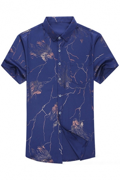 Chic Shirt Jacquard Printed Short Sleeves Button Closure Slim Lapel Shirt for Men