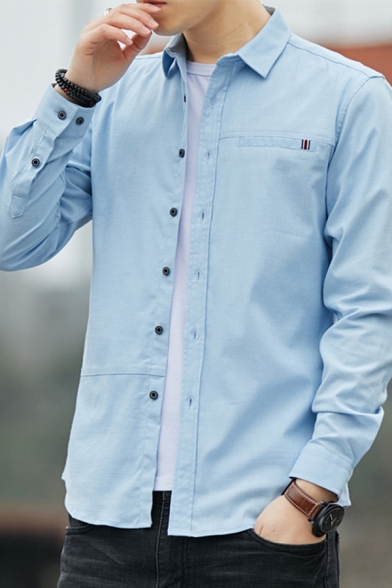 Chic Shirt Solid Color Front Pocket Long Sleeves Point Collar Relaxed Fit Button-down Shirt Top for Men