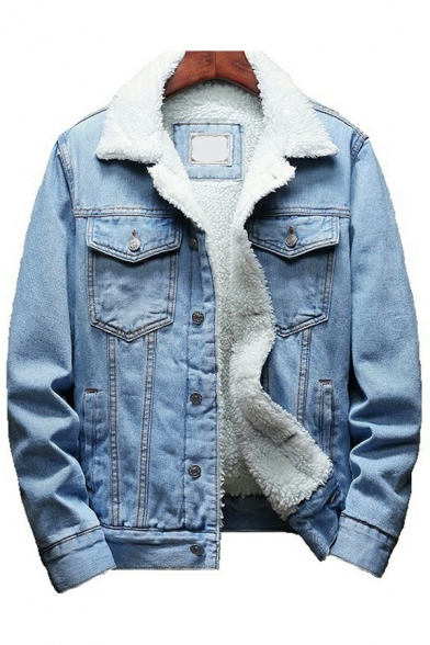 Cool Mens Jacket Plain Turn Down Collar Long Sleeve Button Closure Relaxed Thickened Denim Jacket