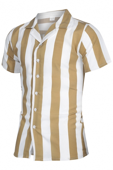 Dashing Mens Shirt Stripe Print Short Sleeve Spread Collar Button Up Fitted Shirt