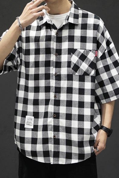 Dashing Shirt Plaid Print Button Detailed Turn-down Collar Short Sleeves Loose Shirt for Men