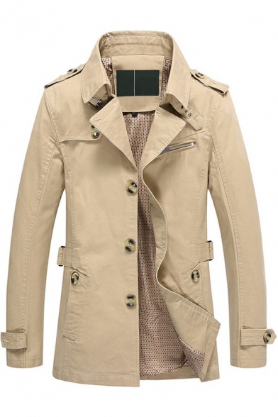 Elegant Mens Trench Coat Solid Color Long Sleeve Lapel Collar Single Breasted Regular Trench Coat