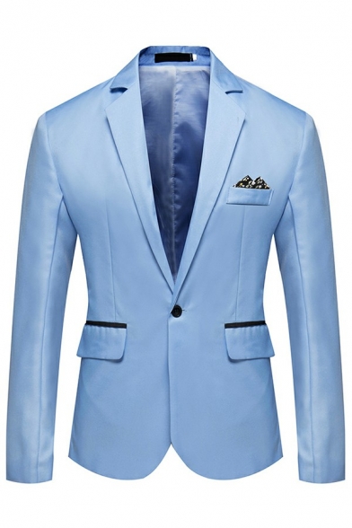 Elegant Solid Color Suit Notch Collar One Button Long-Sleeves Straight Cut Men's Suit Jacket with Flap Pockets