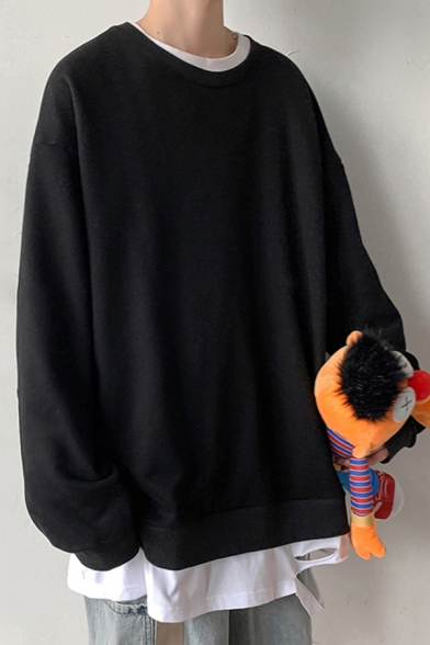 Fancy Guys Sweatshirt Faux Twinset Panel Long-Sleeved Round Neck Loose Sweatshirt for Men