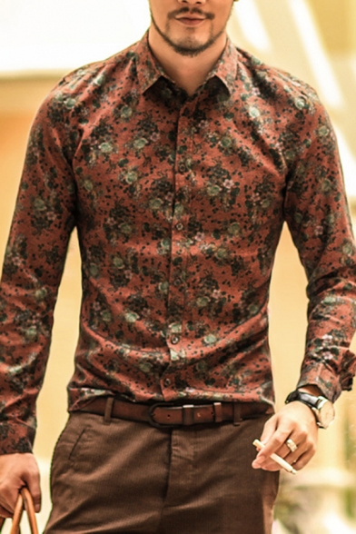 Fashionable Shirt All over Floral Printed Long Sleeve Point Collar Button Up Fitted Shirt for Men
