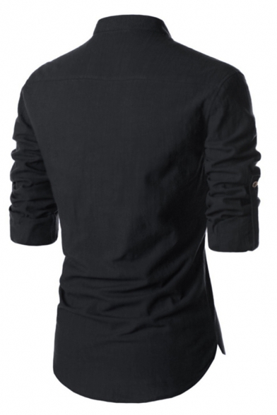 Leisure Men's Shirt Plain Long Sleeve V-Neck Zip-up Slim Shirt Top