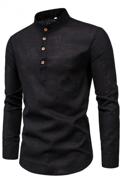 Leisure Men's Shirt Pure Color Button Closure Long Sleeves Stand Collar Slim Fitted Shirt