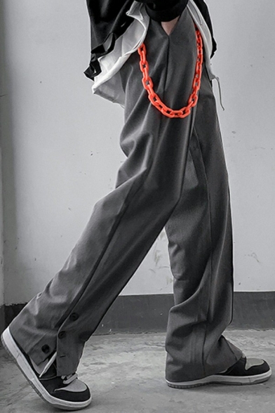 Men Casual Pants Plain Slit Detailed Top stitching Button Pocket Decorated Mid-Rise Fitted Suit Pants