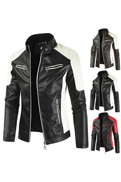 Men Cool Leather Jacket Color Block PU Stand Collar Zip Fly Pocket Detailed Regular Fit Leather Jacket