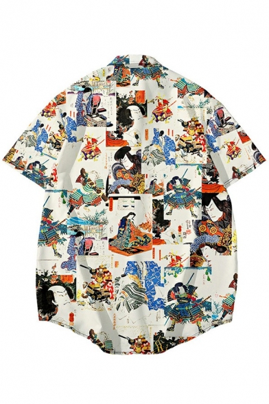 Men Creative Shirt All over Printed Turn Down Collar Button up Short Sleeve Relaxed Shirt