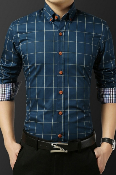 Men Dress Shirt Plaid Button-down Collar Button Closure Long Sleeves Slim Fit Shirt