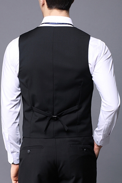 Men Fancy Suit Vest Plain Pocket Detailed V-Neck Single Breasted Slim Fit Suit Vest