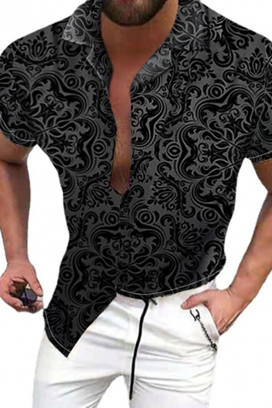 Men Modern Shirt Jacquard Printed Button Detailed Short Sleeve Spread Collar Slim Shirt