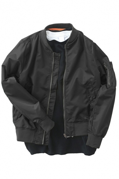 Men's Simple Jacket Plain Zipper Closure Arm-Pocket Stand Collar Long Sleeve Loose Bomber Jacket