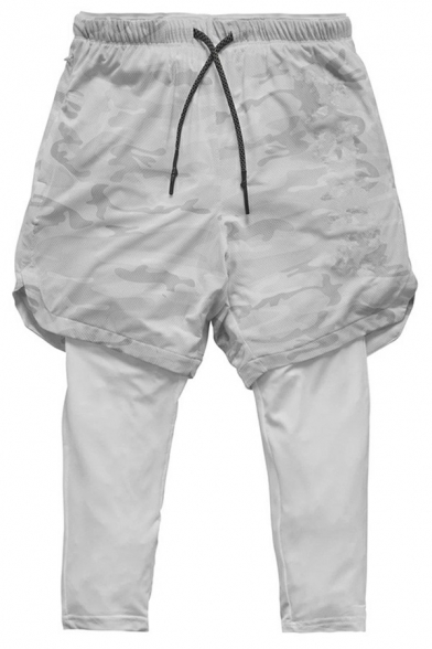 Men Sporty Pants False Two Pieces Drawstring Quick Dry Hip Pocket Detailed Skinny Pants
