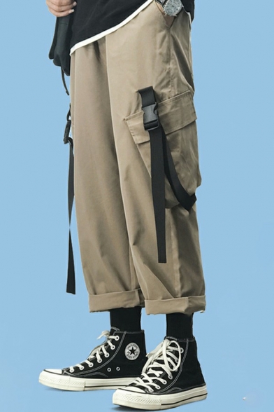 Men Street Style Pants Plain Flap Pockets Ribbon Detail Ankle Length Loose Cargo Pants