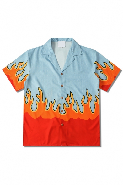 Men Urban Shirt Flame Patterned Button-up Short Sleeves Regular Shirt Notch Collar