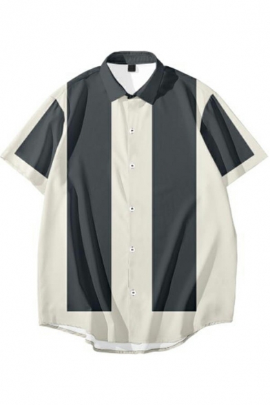 Men Vintage Shirt Striped Printed Turn Down Collar Button-down Short Sleeves Loose Fit Shirt