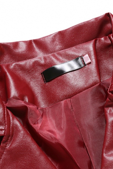 Mens Unique PU Jacket Pure Color Lapel Collar Zipper Decorated Long Sleeve Slim Fit Leather Zip-up Jacket