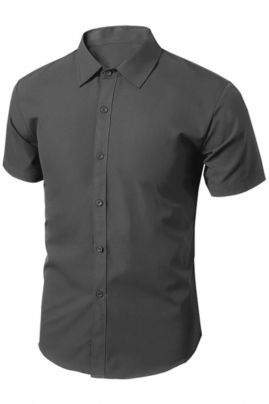 Modern Men's Shirt Plain Short Sleeves Point Collar Button-down Slim Fitted Shirt Top