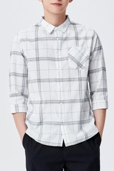 Modern Shirt Checked Patterned Button up Turn-down Collar Front Pocket 3/4 Sleeves Regular Shirt for Men